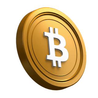 Elemento visual de la sección principal con una moneda Bitcoin BTC en posición inclinada